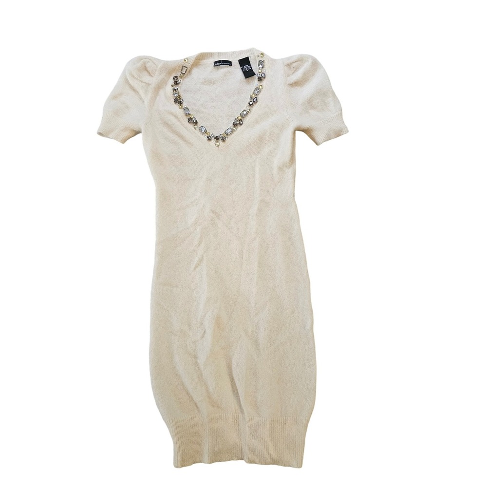 Moda International Dress Cream Angora‎ Blend Jewel Neck Puff Sleeve Dress Small